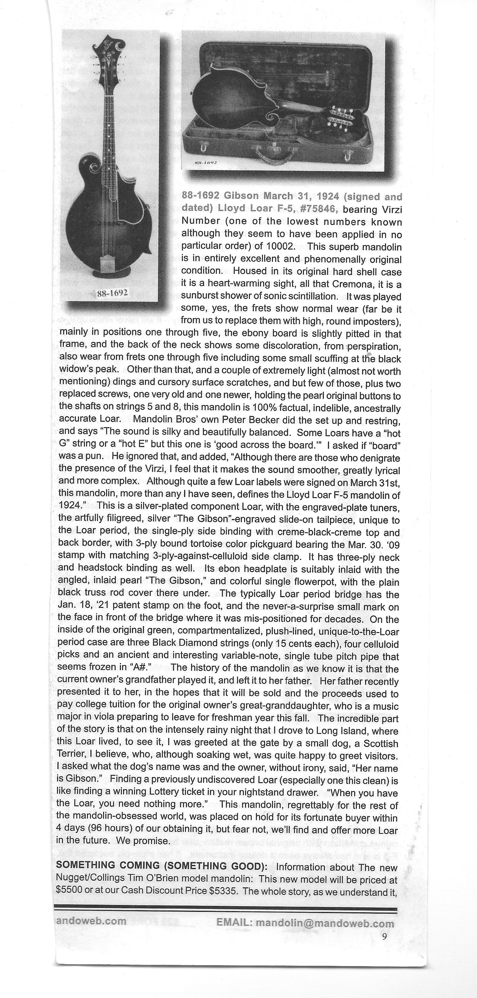 Pre-Owned 1924 Gibson Lloyd Loar Mandolin With Case