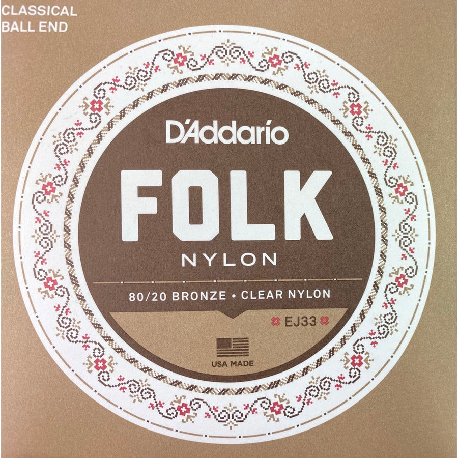 D'Addario EJ33 Folk Nylon Guitar Strings Ball End 80/20 Bronze/Clear Nylon Trebles Standard
