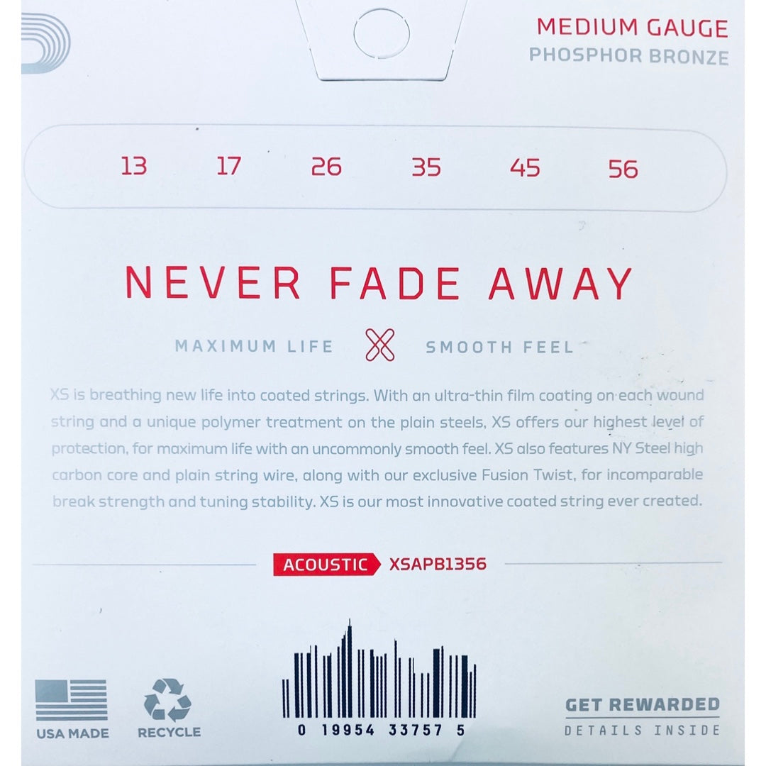 D'Addario XSAPB1356 XS Series Acoustic Phosphor Bronze, Medium 13-56