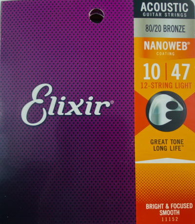 Elixir 11152 Nanoweb 80/20 Bronze 12-String Light Acoustic Guitar Strings