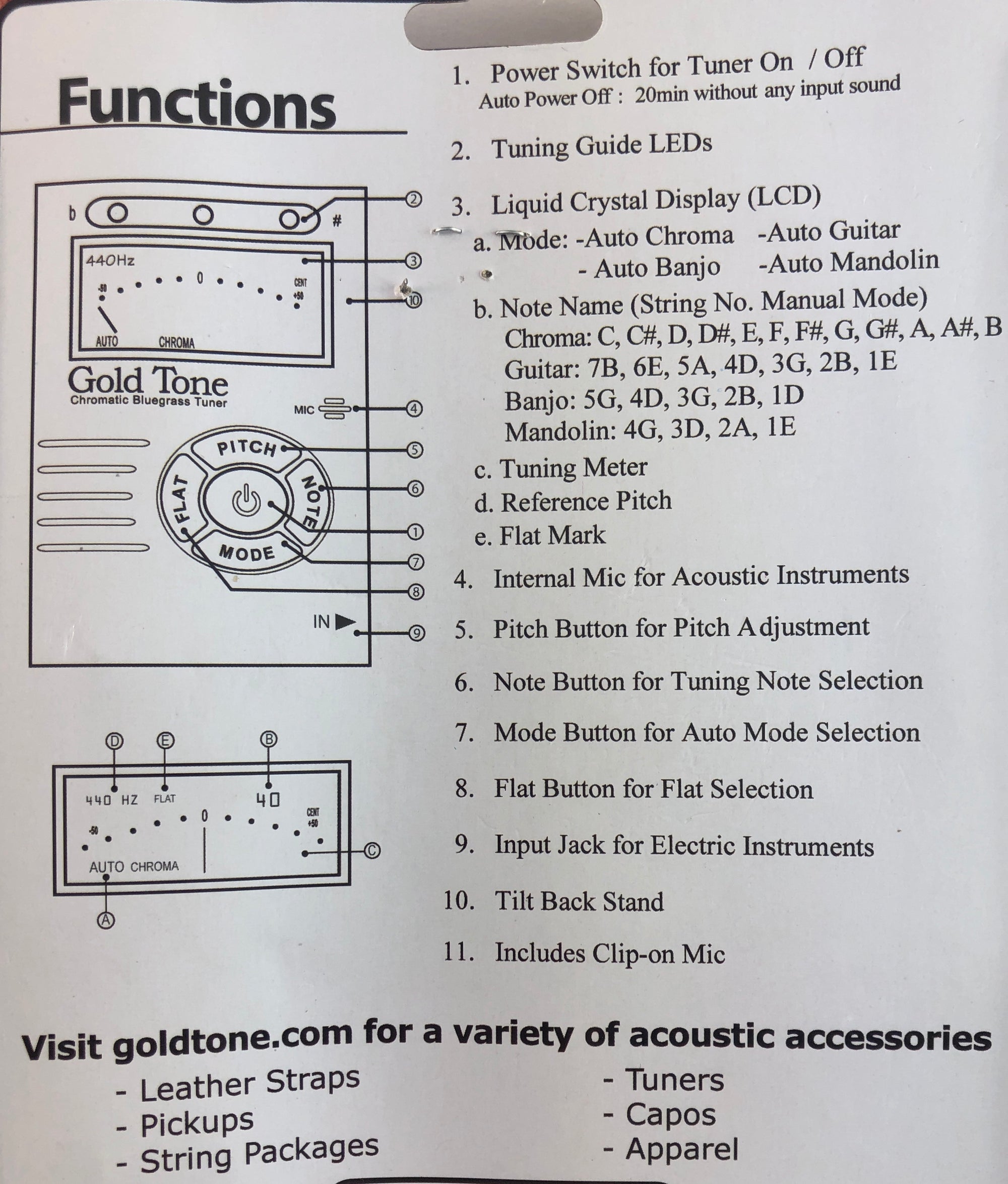 Gold Tone BGT Chromatic Tuner - Includes Clip-On Mic