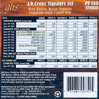 GHS PF140 JD Crowe Signature Studio Light Stainless 5-String Banjo Strings