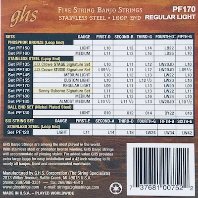 GHS PF170 Regular Light Stainless Steel Banjo Strings