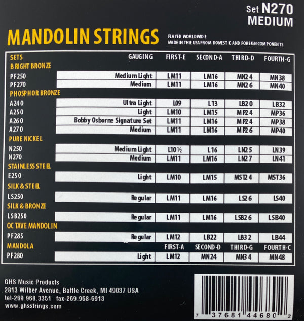 GHS N270 Pure Nickel Mandolin Medium Strings - Banjo Ben's General Store