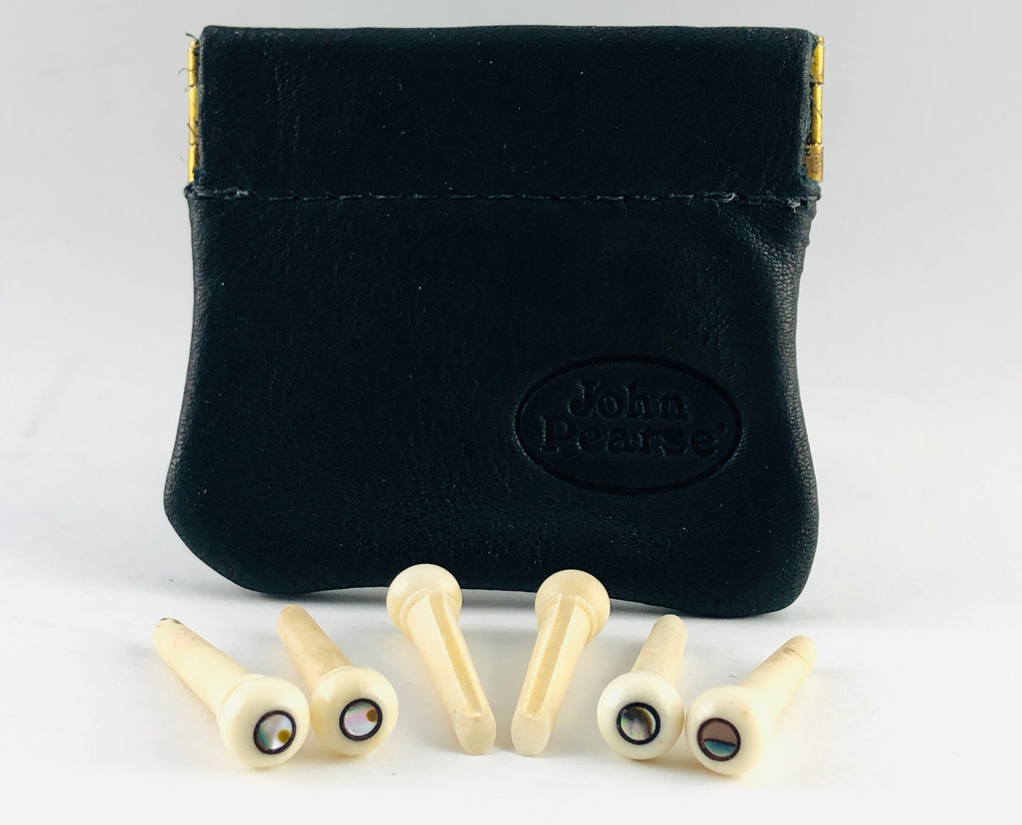 John Pearse Kingpins Bone/Abalone Dot With Black French Eye Bridge Pins - Set of 6