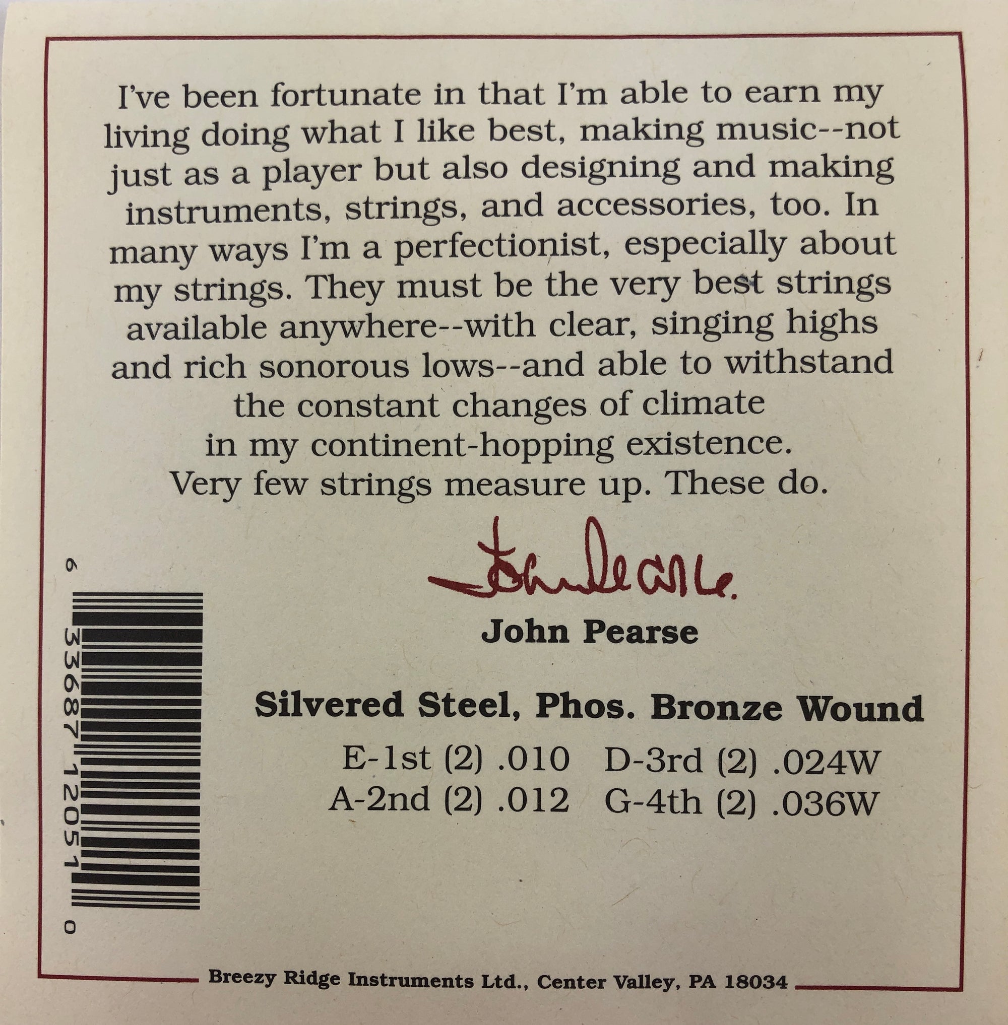 John Pearse Set#2050L Bronze Wound Light Phosphor Gauge Mandolin Strings