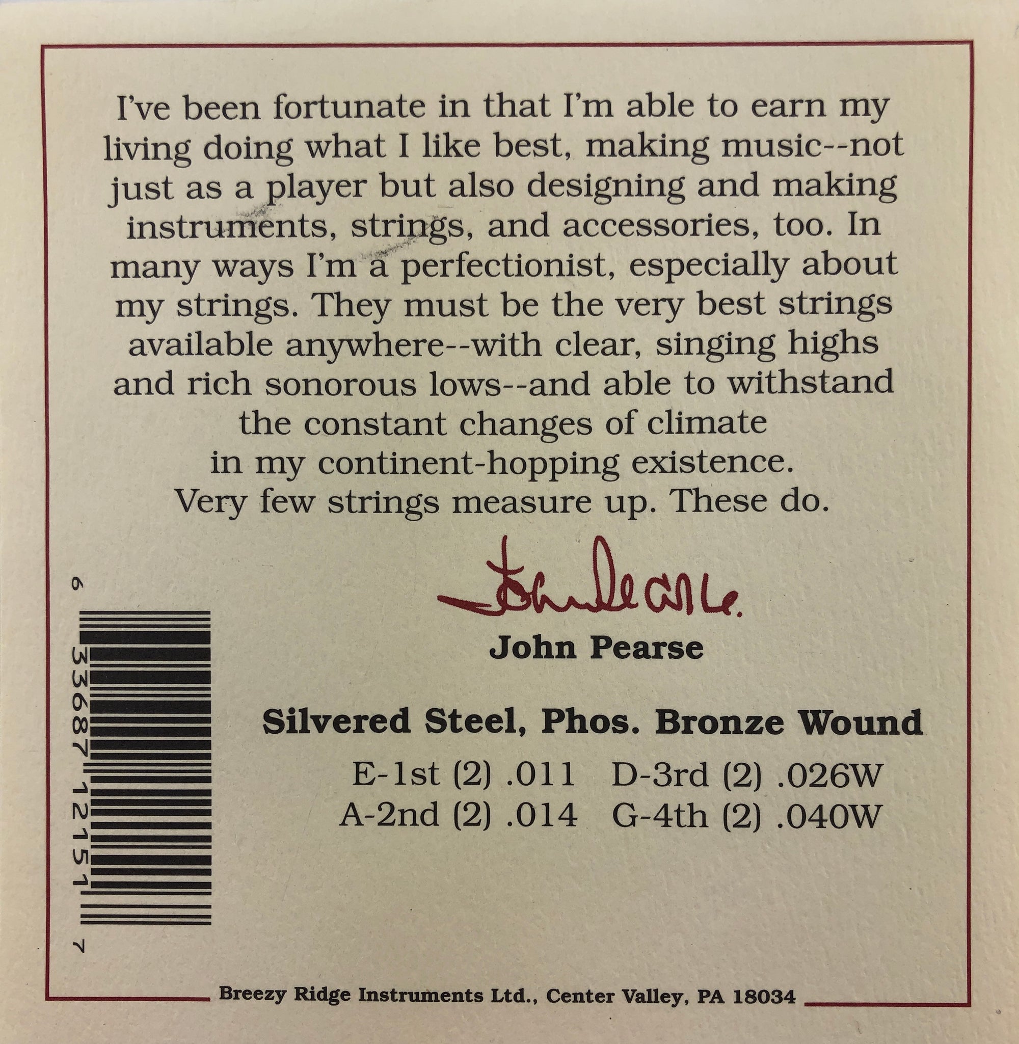 John Pearse Set #2150M Phosphor Bronze Wound Medium Gauge Mandolin Strings