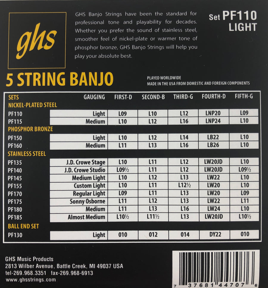 GHS PF110 Light Nickel Plated Steel 5-String Banjo Strings