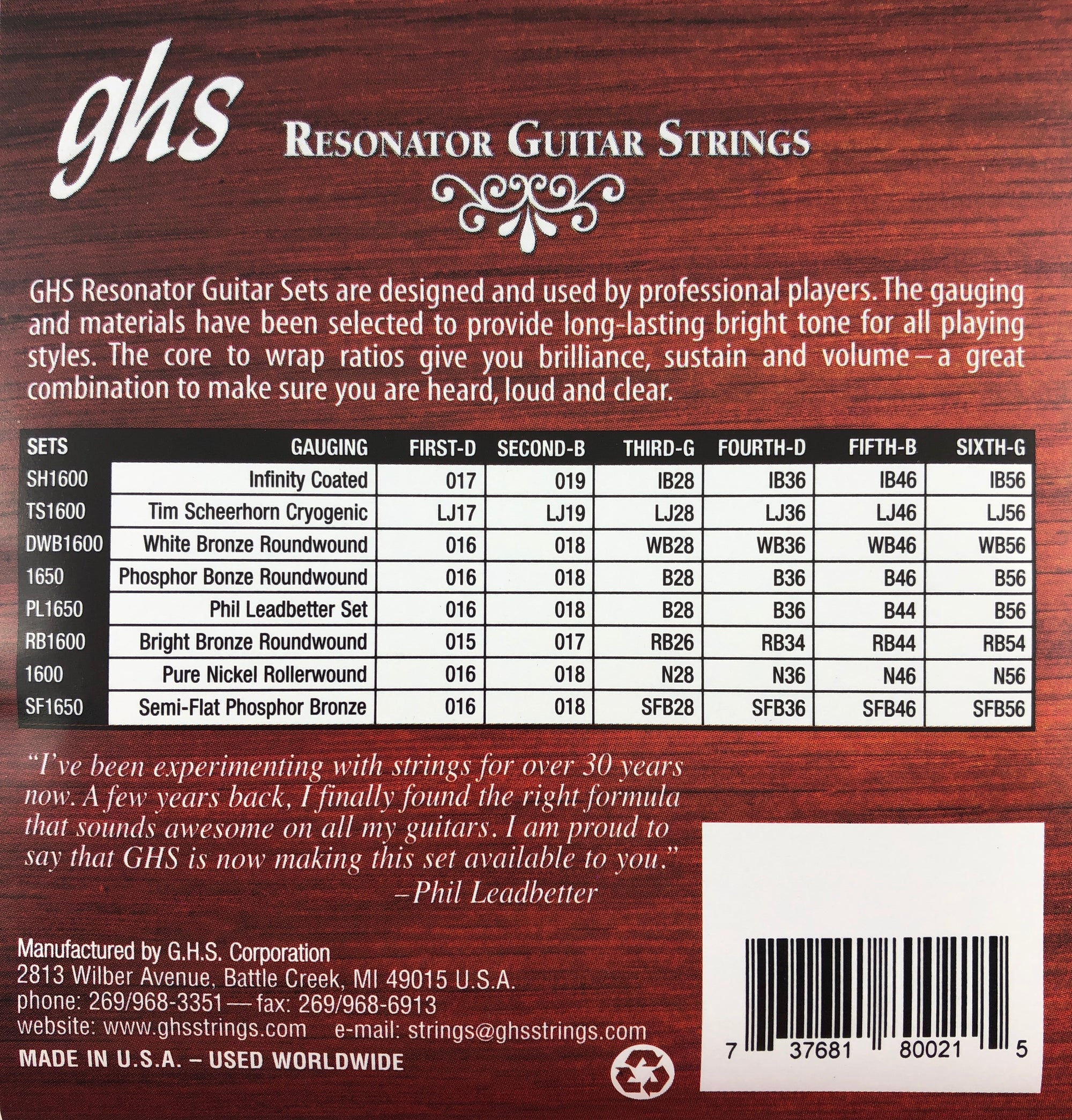 GHS PL1650 Phil Leadbetter Phosphor Bronze Resonator Acoustic Guitar Strings