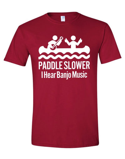 Banjo Ben Cotton T-Shirt- Paddle Slower, I Hear Banjo Music - Red